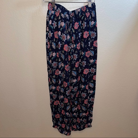 NWT RAGA Navy & Pink Floral Boho Palazzo Elastic Waist Pant Small - Picture 3 of 12